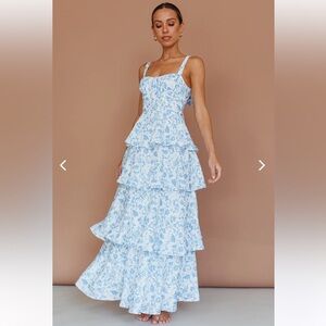 Elegant Blue Floral Ruffle Midi Dress